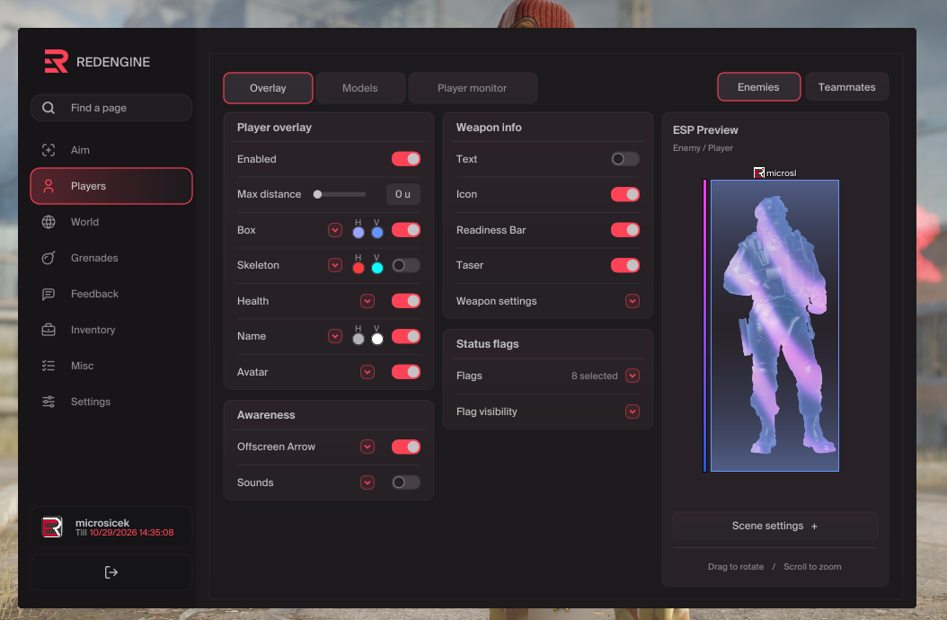 redENGINE CS2 interface with player overlay settings and a character preview